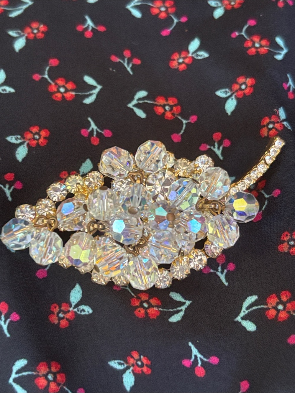 Juliana Crystal grape Cluster Leaf Brooch - Aurora Borealis Crystals